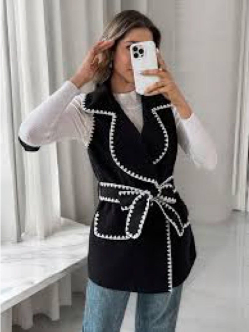 Black Sleeveless Tie-Waist Vest with White Trim